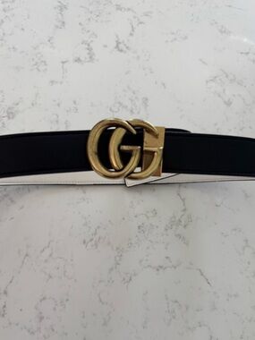 Black Leather Belt with Gold Double G Buckle